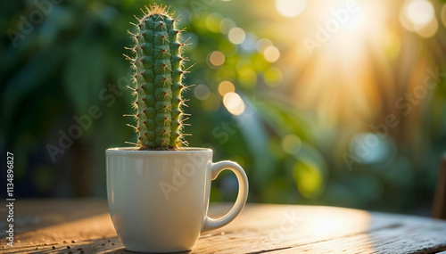 A small cactus plant in a white mug, bathed in warm sunlight.