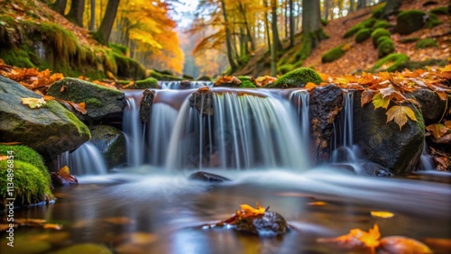 Close-up view of a small waterfall in an autumn forest stream with blurred water, waterfall, stream, autumn, forest, nature