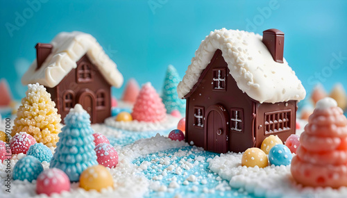A whimsical winter scene with chocolate houses and candy trees.