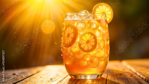 A refreshing cola drink with ice and lemon slices, bathed in warm sunlight.