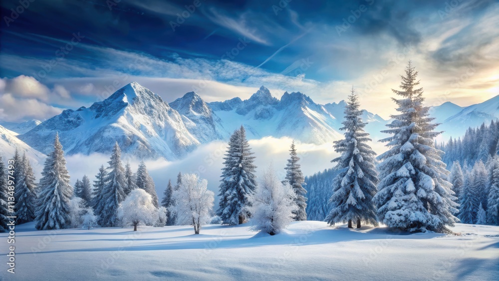 Obraz premium Abstract winter landscape with snowy peaks and icy trees, winter, abstract, landscape, snowy, peaks, icy, trees, cold