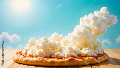 A whimsical pizza with a cloud of cheese rising towards the sky.