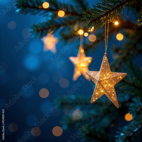 Close up of christmas tree branches decorated with golden stars, out of focus blue background with lights.