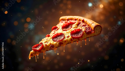 A mouthwatering slice of pepperoni pizza, fresh from the oven, with cheese dripping down.