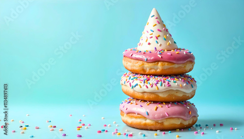 A playful stack of colorful donuts with a festive party hat.