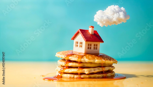 A whimsical scene of a house on a stack of pancakes with a cloud chimney.