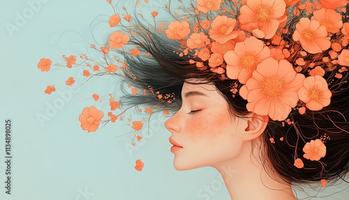 Surreal illustration of a woman with flowers in her hair, representing growth and inner peace, naturalistic style, symbolic of psychological phenomena, calm color palette photo