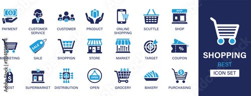 Shopping icon set collection. Payment, customer service, product, online shopping, scuttle, shop, marketing, sale, target and best solid icon set.
