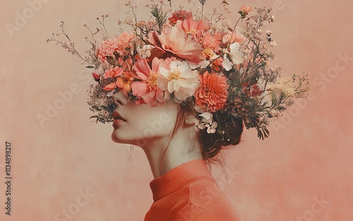 Surrealistic collage of a woman with a flowerfilled head, symbolizing the beauty and intricacies of the human psyche, naturalistic and psychological imagery, soft color contrasts photo