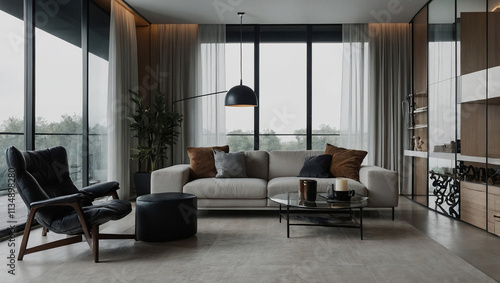 Modern living room with light grey sofa, dark grey armchair, dark wood coffee table and floor lamp, large windows with curtains, and a glass-fronted shelving unit.