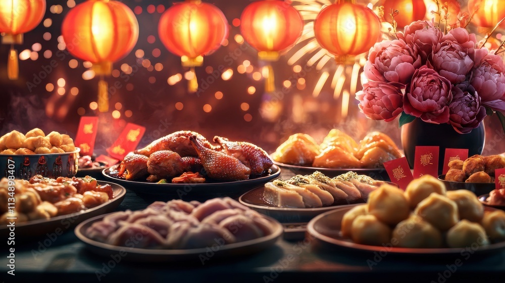 Fototapeta premium Vibrant Chinese New Year Feast with Delicacies and Decorations