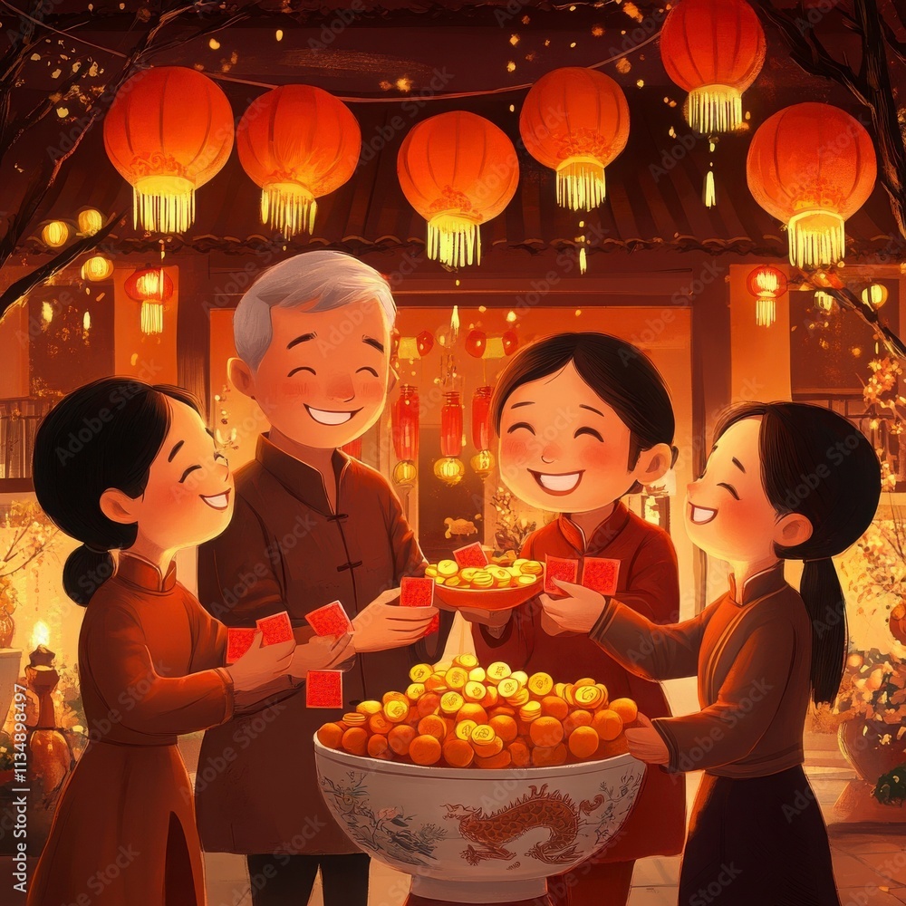 Joyful Family Celebrating Lunar New Year with Gifts and Oranges Joyful Family Celebrating Lunar New Year with Gifts and Oranges