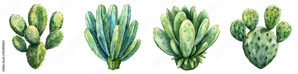 Fototapeta premium A collection of vibrant green cacti, showcasing different shapes and textures, highlighting their unique features and colors.