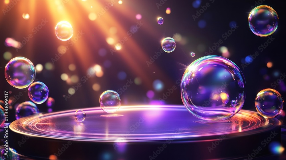 Iridescent Bubbles Float Above a Purple Platform Iridescent Bubbles Float Above a Purple Platform