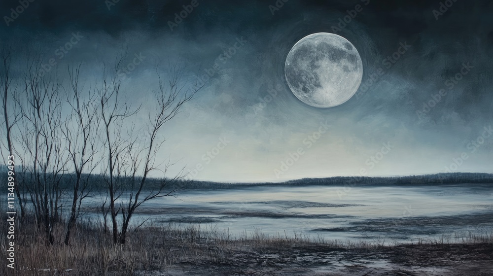 Fototapeta premium Serene moonlit landscape at dawn with barren trees reflecting tranquility in a calm lake under a darkened sky