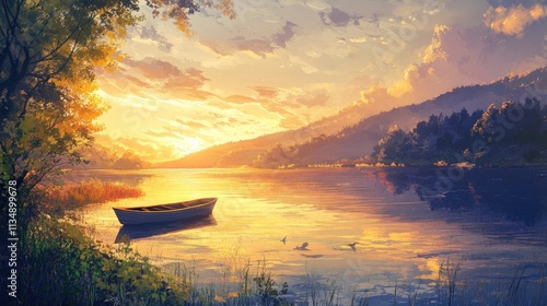 Serene sunset over tranquil lake with a solitary boat and lush landscape reflecting warm golden tones in the evening sky photo