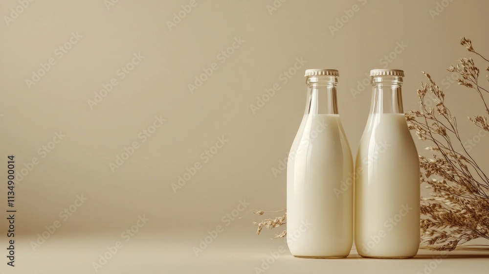 Two glass milk bottles stand elegantly on a soft background, evoking a sense of nostalgia and simplicity. A touch of dried flowers enhances the serene ambiance Two glass milk bottles stand elegantly on a soft background, evoking a sense of nostalgia and simplicity. A touch of dried flowers enhances the serene ambiance