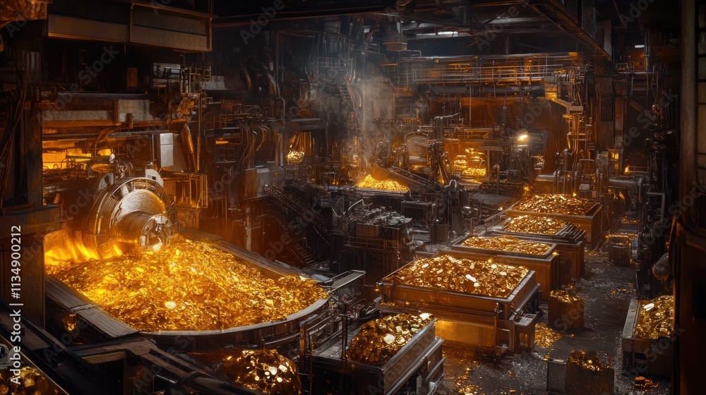 Panoramic shot of a gold refinery, molten gold being cast, and large machines processing raw gold into fine products. Panoramic shot of a gold refinery, molten gold being cast, and large machines processing raw gold into fine products.