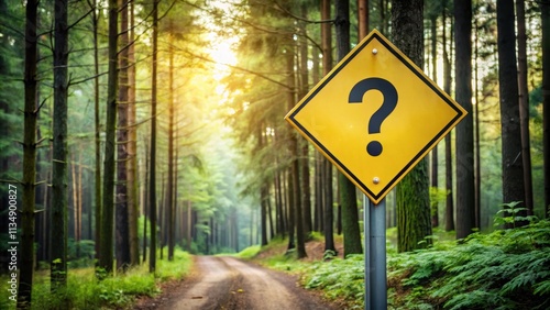 Road sign with a question mark in the middle of a dense forest , mystery, uncertainty, decision making, confusion photo