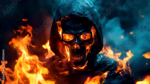 Hooded fiery skeleton engulfed in blazing flames amidst a smoky and ominous atmosphere
