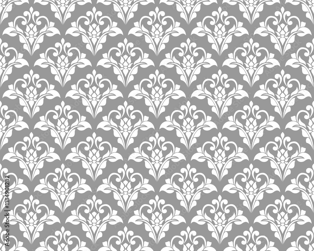 Wallpaper in Baroque style, damask. A seamless vector background. Gray and white texture Floral ornament. Wallpaper in Baroque style, damask. A seamless vector background. Gray and white texture Floral ornament.