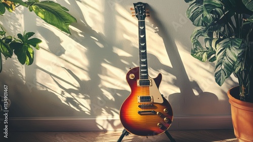 Elegant electric guitar leaning against a wall with sunlight casting shadows on potted plants in a stylish room