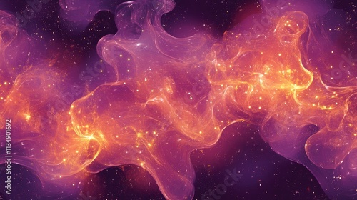 Vibrant abstract purple and orange cosmic energy pattern with glowing particles and fluid shapes for creative backgrounds and designs