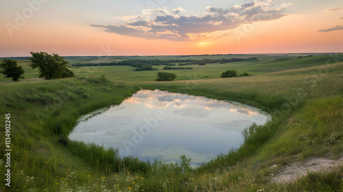 Sunset Landscape Illustration Peaceful Pond