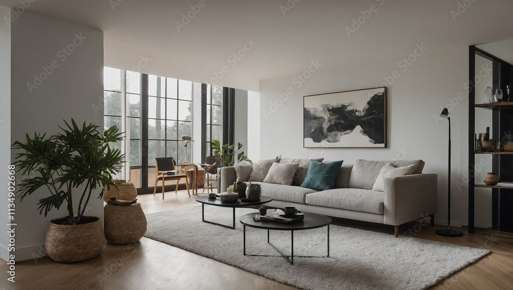 Modern living room with light beige sofa, two black coffee tables, large windows, potted plants, and abstract art. Neutral color palette with wood flooring. Minimalist design. Modern living room with light beige sofa, two black coffee tables, large windows, potted plants, and abstract art. Neutral color palette with wood flooring. Minimalist design.