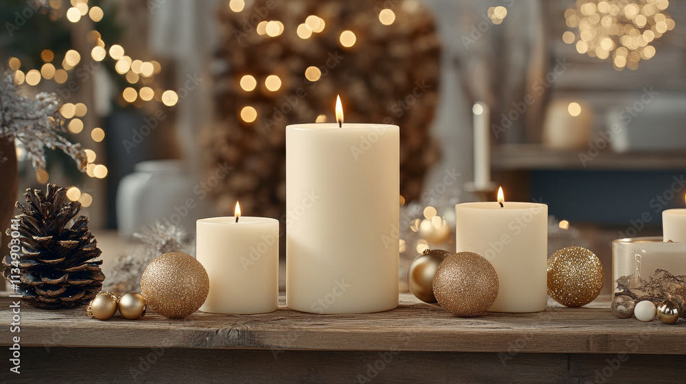 A serene holiday scene featuring elegant white candles surrounded by festive decorations like pine cones and golden ornaments, creating warm and inviting atmosphere A serene holiday scene featuring elegant white candles surrounded by festive decorations like pine cones and golden ornaments, creating warm and inviting atmosphere