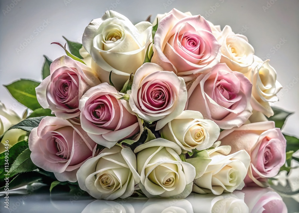 Elegant Black and White Close-Up of a White and Pink Rose Bouquet on a White Studio Background, Capturing the Beauty of Nature in Candid Photography Elegant Black and White Close-Up of a White and Pink Rose Bouquet on a White Studio Background, Capturing the Beauty of Nature in Candid Photography
