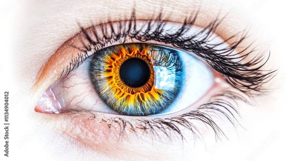 Realistic human eye model with bright, striking iris and intricate veins, isolated on a pristine white background. Realistic human eye model with bright, striking iris and intricate veins, isolated on a pristine white background.