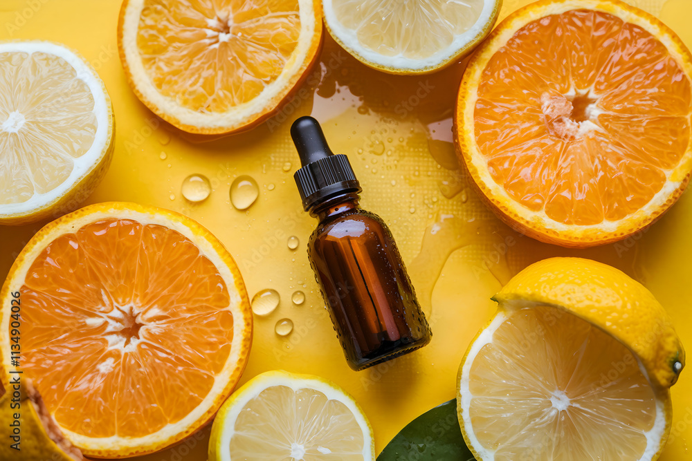 Slices of fresh oranges and lemons surround a dropper bottle, evoking vitality Slices of fresh oranges and lemons surround a dropper bottle, evoking vitality