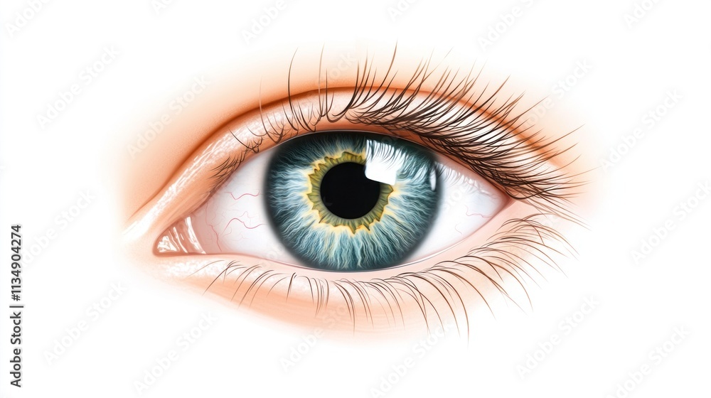 Realistic human eye with vivid iris and visible veins, displayed against a bright, clean white background. Realistic human eye with vivid iris and visible veins, displayed against a bright, clean white background.