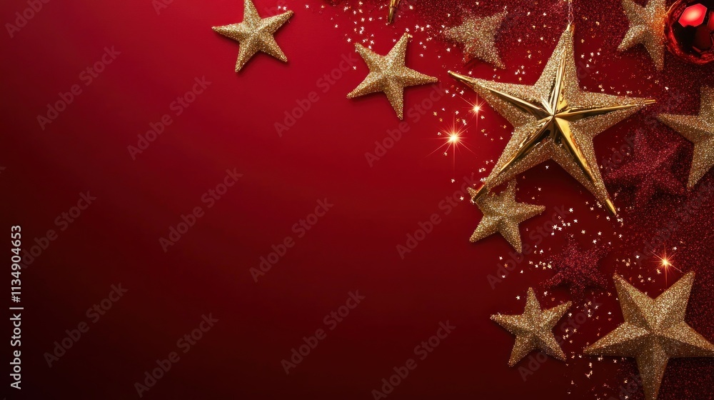 Red canvas with shimmering gold stars and sparkling accents around the borders, blank space for holiday greeting. Red canvas with shimmering gold stars and sparkling accents around the borders, blank space for holiday greeting.