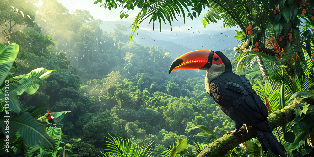 Obraz premium Toucan in Rainforest Landscape