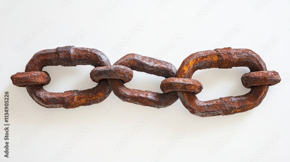 Fototapeta premium A detailed image of three interconnected rusty chain links isolated on a white surface. The corroded metal displays a rich texture, making it ideal for industrial or vintage-themed designs.. AI