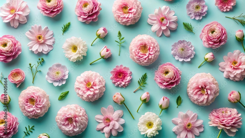 A delicate arrangement of pink and white flowers on a light blue background, showcasing a variety of blooms and buds, creating a beautiful and feminine composition. A delicate arrangement of pink and white flowers on a light blue background, showcasing a variety of blooms and buds, creating a beautiful and feminine composition.