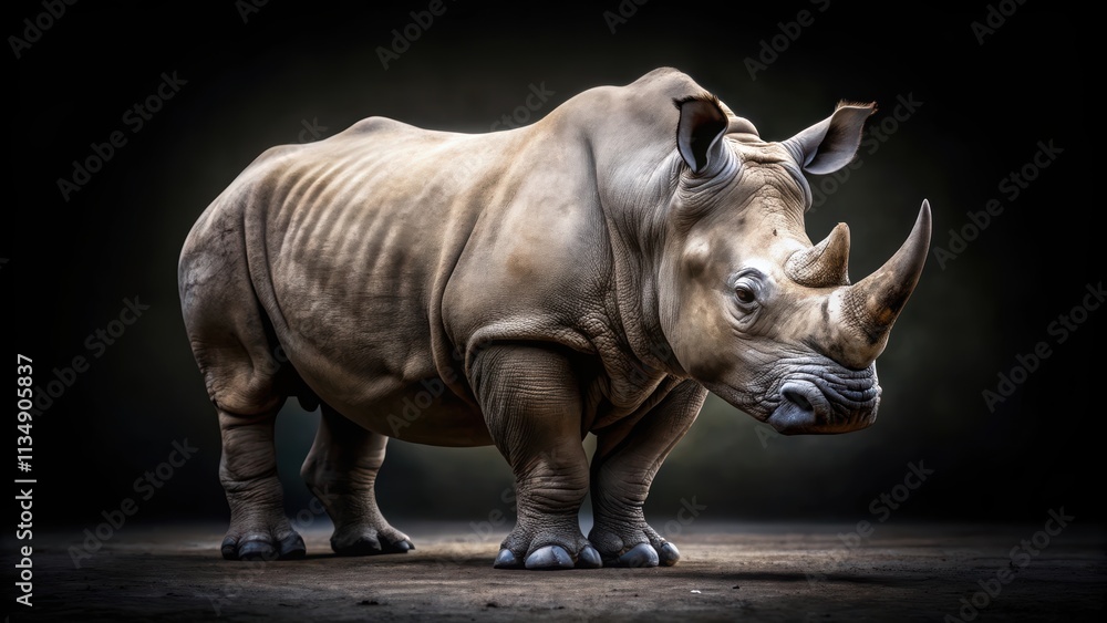 Obraz premium Rhino standing majestically in front of a black background, rhinoceros, wildlife, animal, mammal, horn, safari, endangered