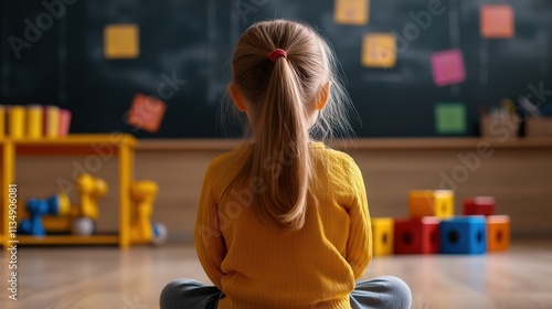 a girl sitting in kindergarten, a room with toys and blocks, copy space