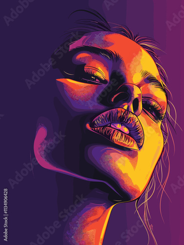 Woman's face is drawn in a purple and orange color scheme. The image has a moody and artistic feel to it, with the woman's features emphasized and the background blurred