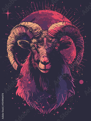 Ram with horns and a red moon in the background. The ram is surrounded by stars and has a demonic look to it