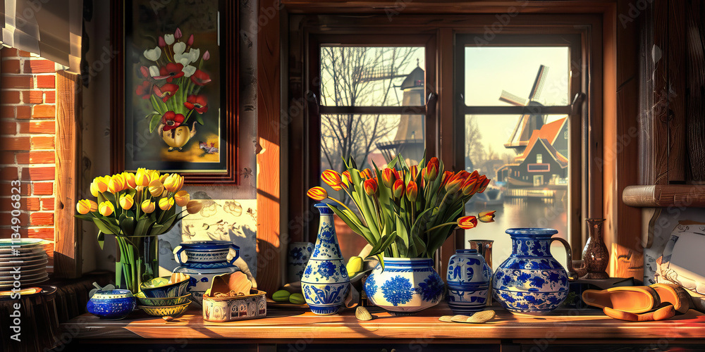 Still Life with Tulips and Delftware Pottery near Window Still Life with Tulips and Delftware Pottery near Window