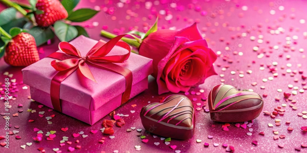 A pink gift box with a red ribbon, a single rose, and two chocolate hearts on a pink background with confetti A pink gift box with a red ribbon, a single rose, and two chocolate hearts on a pink background with confetti