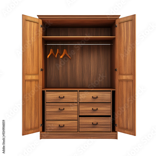 Elegant Wooden Armoire with Open Doors, Drawers, and Hangers