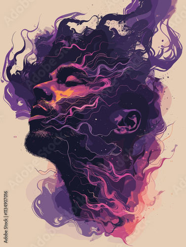 Man's face is painted with purple and orange colors, with a purple smokey background. The painting gives off a mood of mystery and intrigue, as the man's face is obscured by the smoke