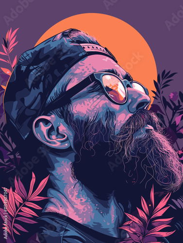 Man with a beard and glasses is looking up at the sun. The image has a surreal and dreamy feel to it, with the man's facial features and the sun in the background