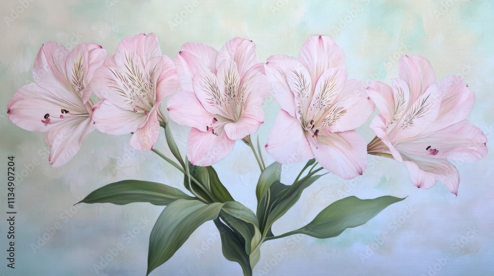 Fototapeta premium Delicate Peruvian lily Alstroemeria featuring soft pink flowers on a serene light green background