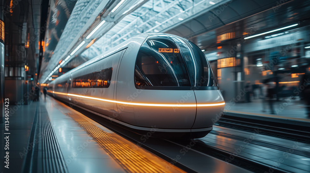 A futuristic black high-speed train zooms through a brightly lit station, showcasing cutting-edge design and innovation. A futuristic black high-speed train zooms through a brightly lit station, showcasing cutting-edge design and innovation.