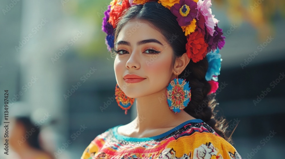 Young Woman Wearing Vibrant Floral Headpiece And Dress Young Woman Wearing Vibrant Floral Headpiece And Dress